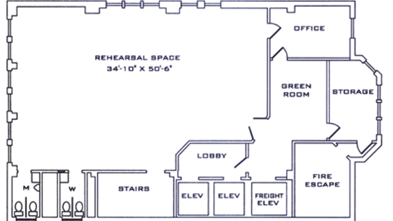 Floor plan of the 12th floor studio, featuring a 34 by 50 foot rehearsal space.