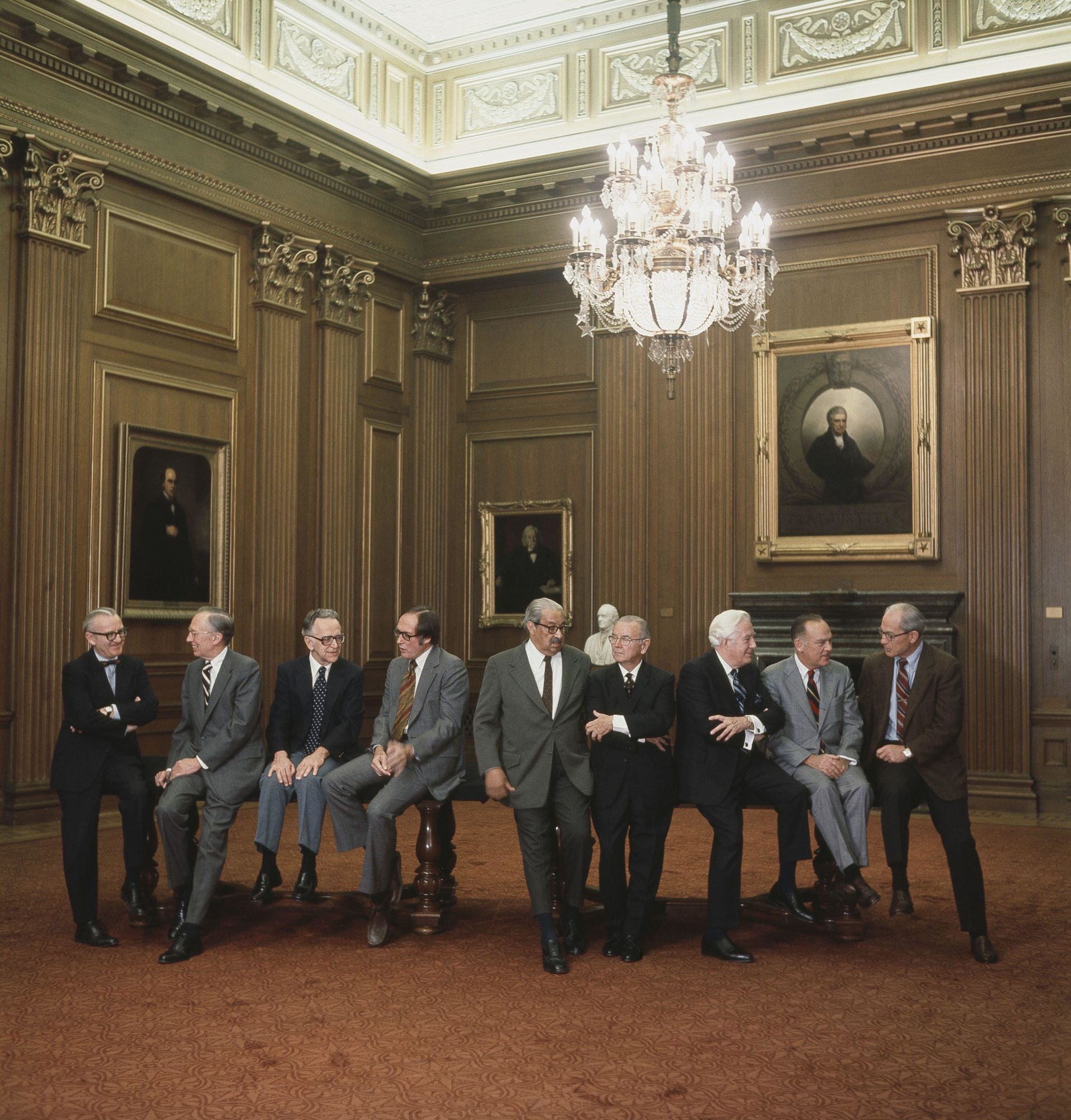 The US Supreme Court justices in 1977. From left: John Paul Stevens, Lewis Powell, Harry Blackmun, William Rehnquist, Thurgood Marshall, William Brennan, Chief Justice Warren Burger, Potter Stewart, and Byron White.