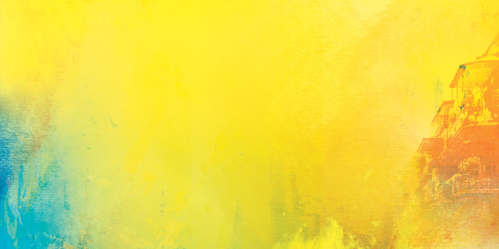 A primarily yellow painted background with hints of blue and orange. 