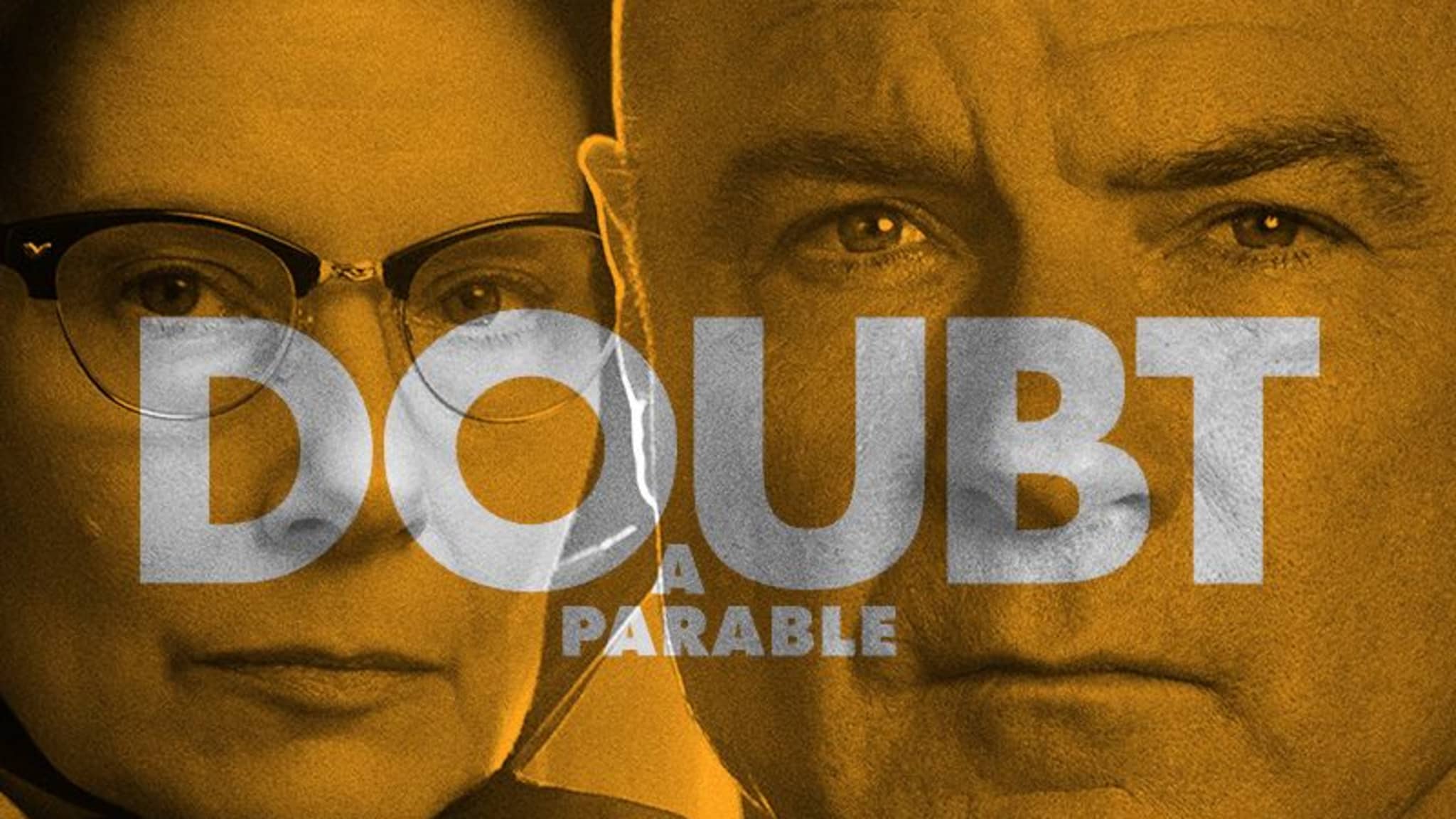 Amy Ryan and Liev Schreiber in black clothes dressed as religious figures with a yellow overlay over the image. Doubt is written across the poster.