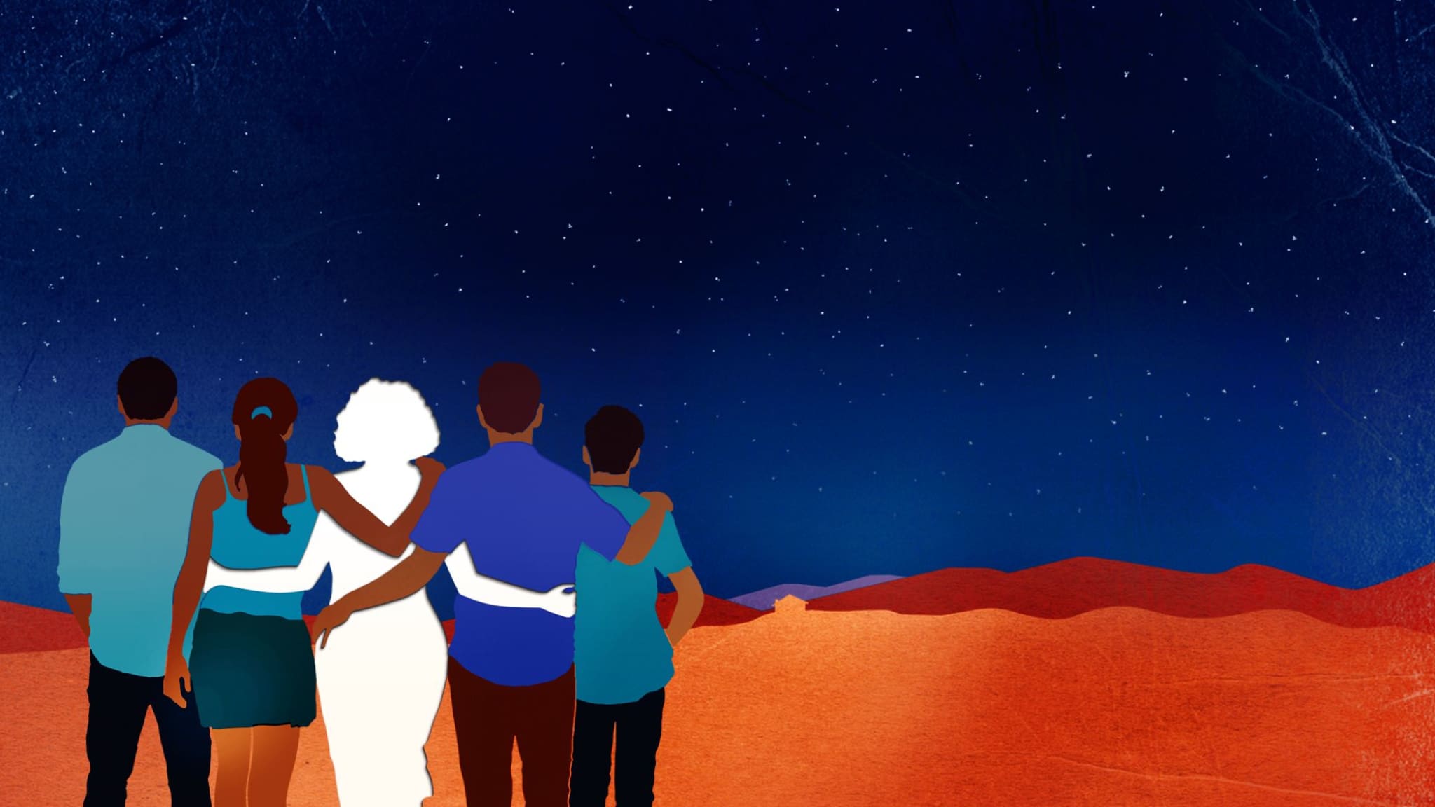 Artwork for 72 Miles To Go.... An illustration of five people with their arms around each other facing towards a vast desert at night. The woman in the middle of them is solid white.