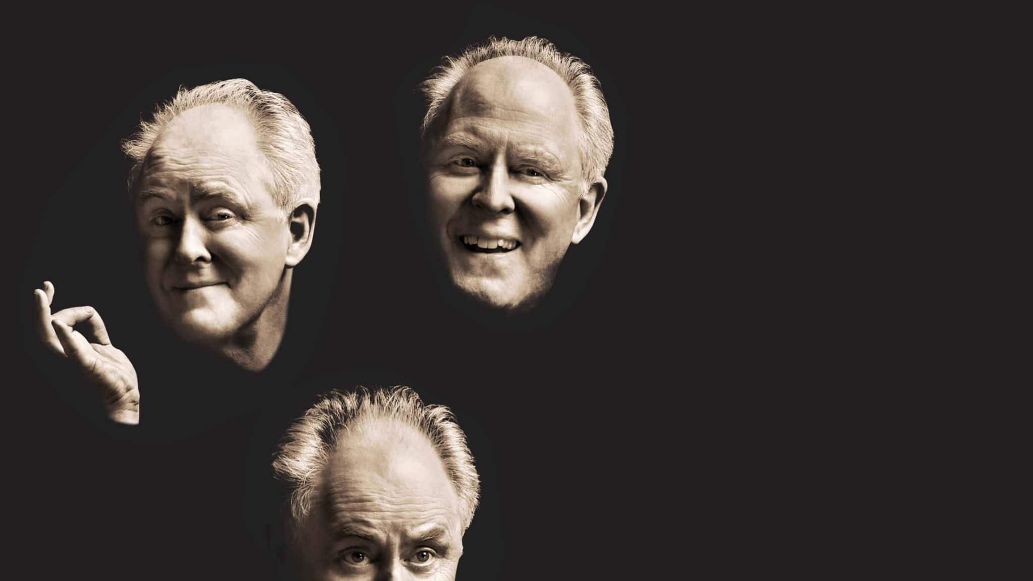 Artwork for John Lithgow: Stories by Heart. He's quite the characters. Cutouts of an older man's face making several different expressions are darted around a black background.