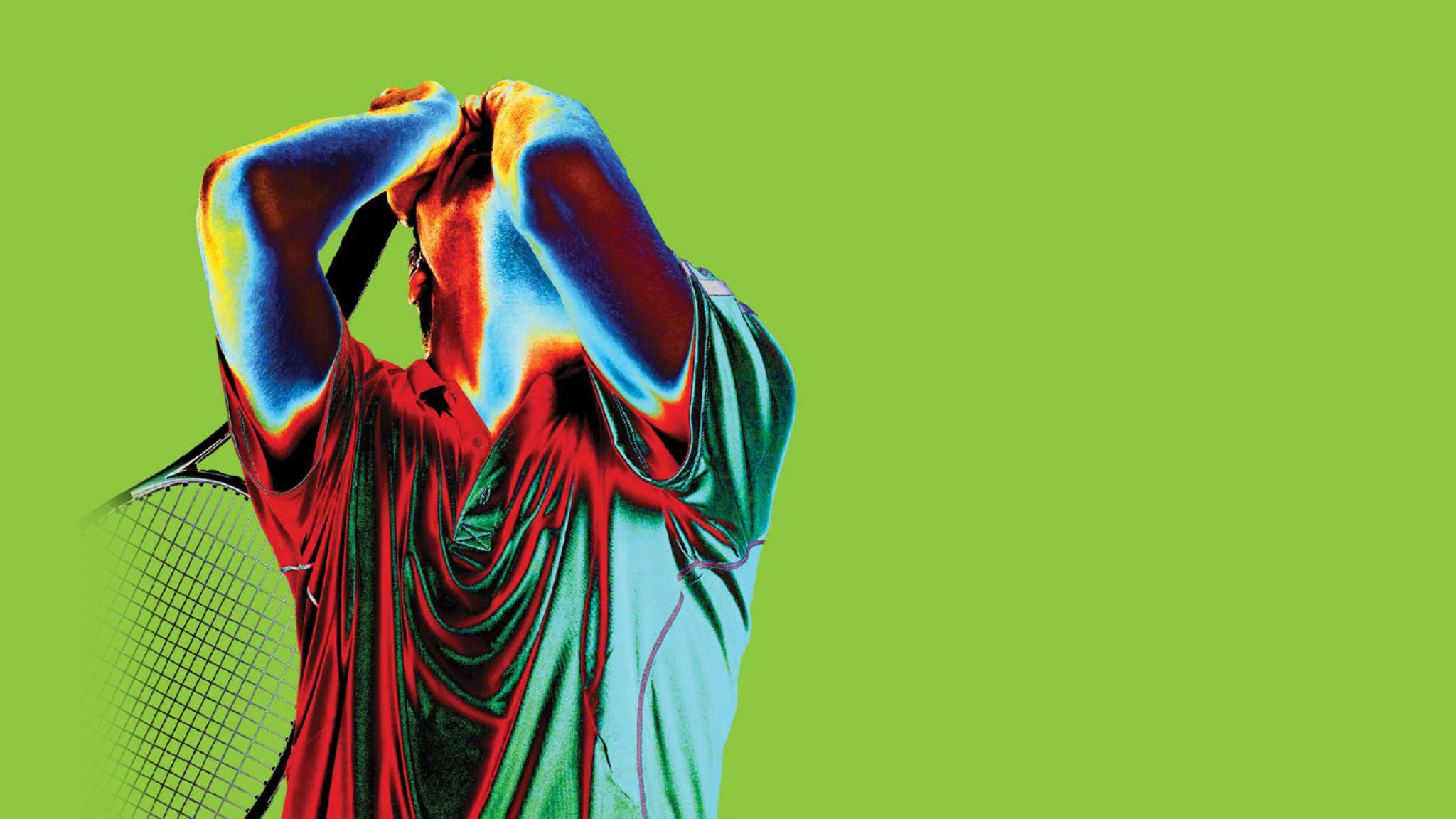 Artwork for THE LAST MATCH. A highly saturated, multi-colored image of a tennis player tilting his head back with his hands over his face in frustration.