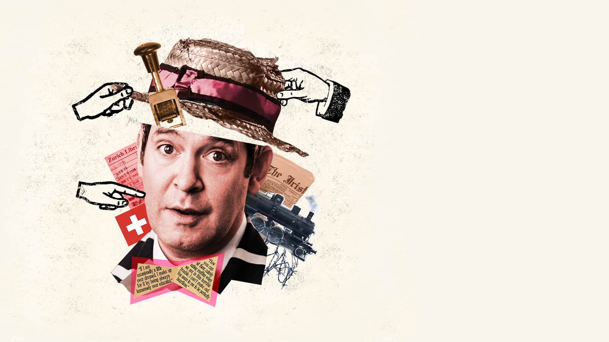 Artwork for TRAVESTIES. A cutout of a man's head and neck. A collage of items surrounds him, such has a hat, a bowtie made of newspaper, and fingers pointing and pulling at him.