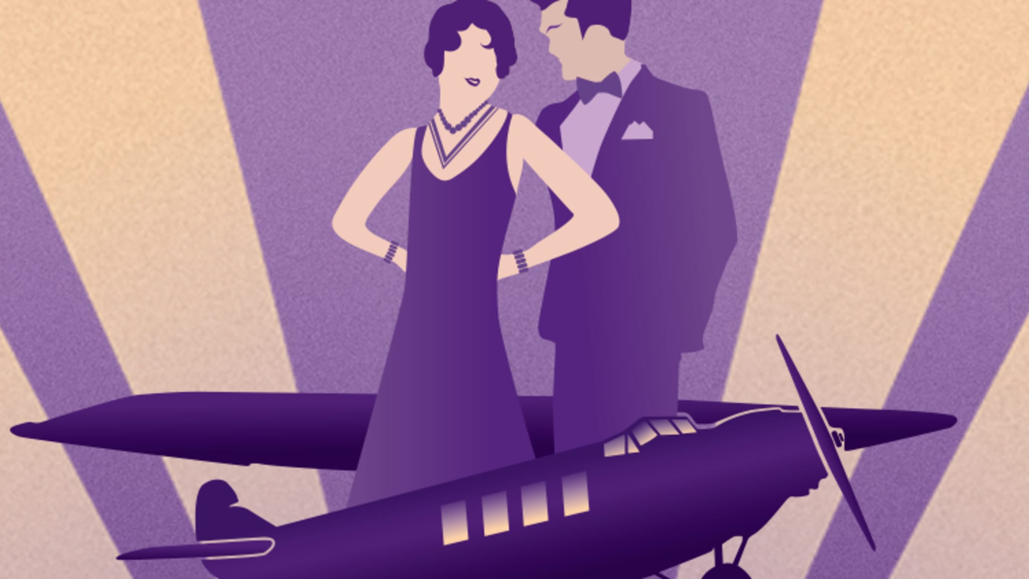 Artwork for MY ONE AND ONLY. A 1920s art deco illustration of a man and woman on top of a plane soaring through beams of light.