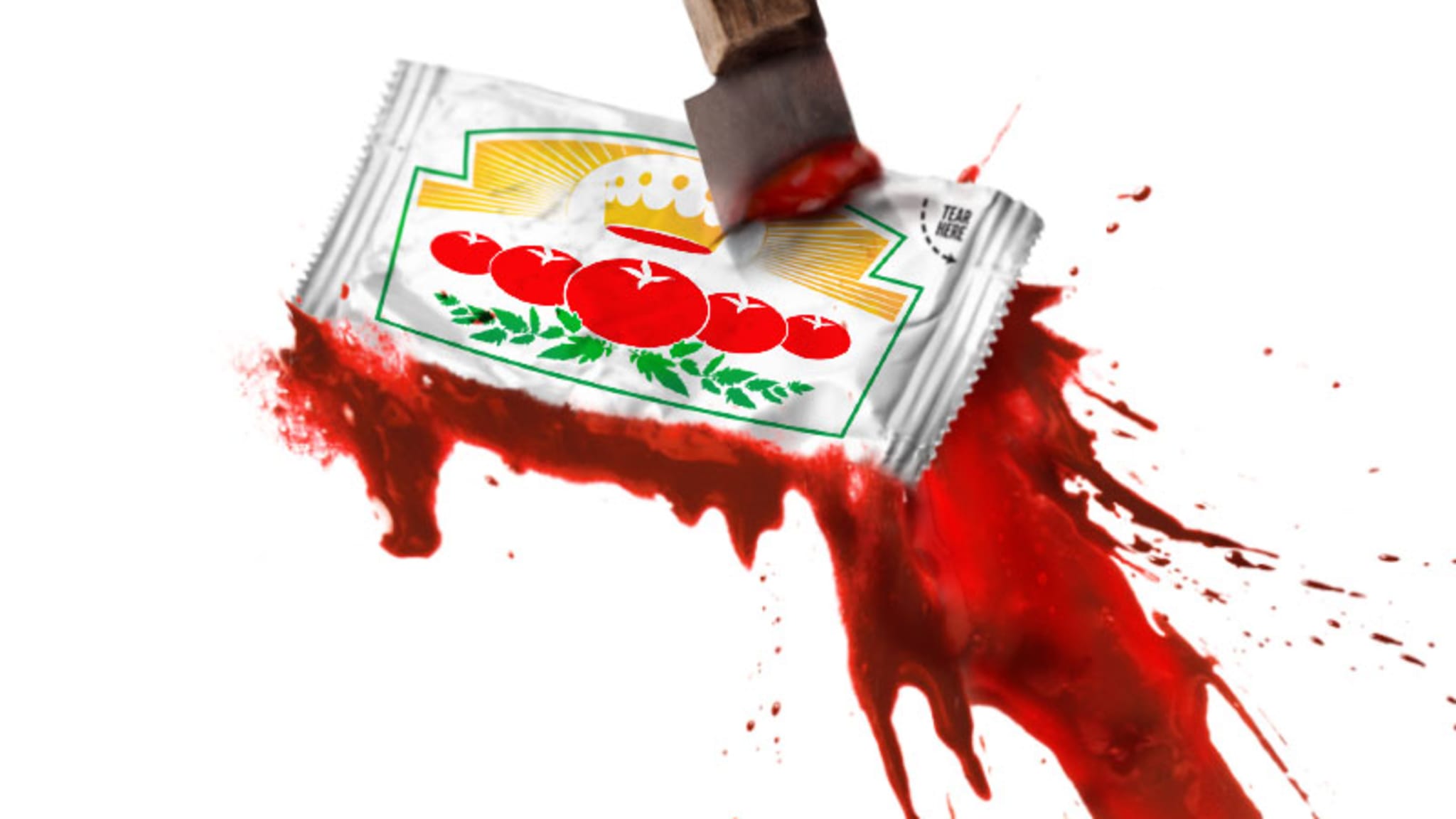 Artwork for Scotland, PA. A knife stabbed through a ketchup packet that splatters on impact.
