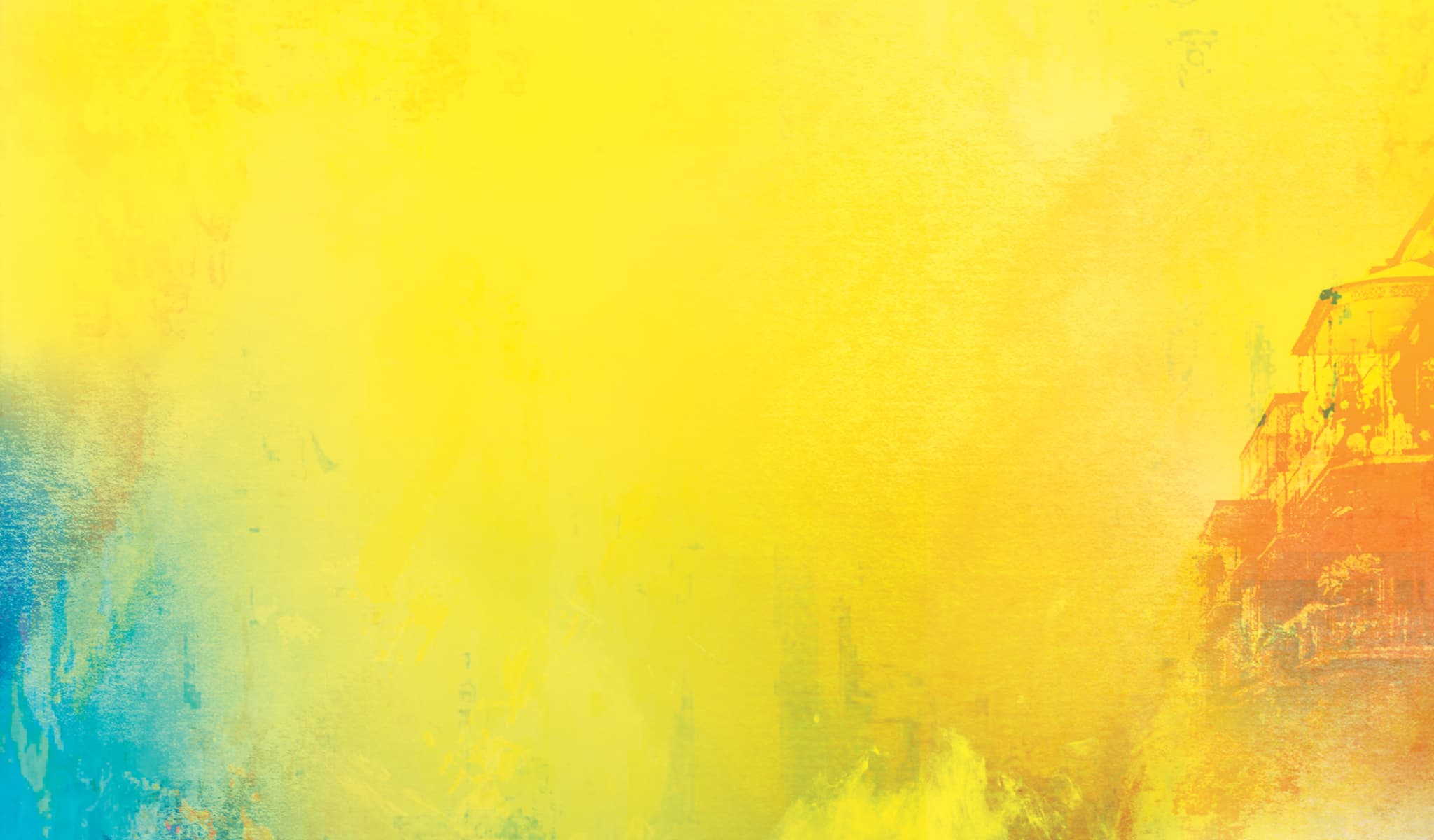 A primarily yellow painted background with hints of blue and orange. 