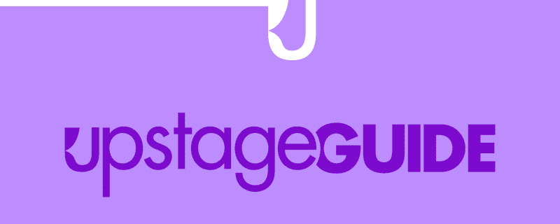 A lilac background with a deeper purple text saying upstage guide and an illustration of a dark skinned girl with a yellow shirt. 