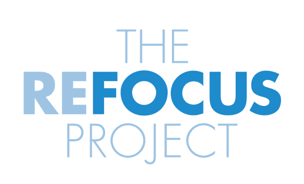 The Refocus Project in blue letters on a white background.