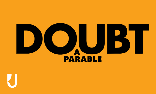 An orange background with Doubt A Parable written in bold black text.