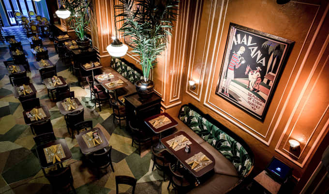 The main dining room at Havan Central, with tall ceilings and large potted plants.