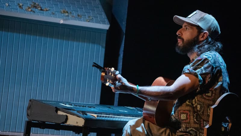 A man in a baseball cap and Hawaiian shirt plays guitar in front of a keyboard. He has a beard and shoulder-length hair.