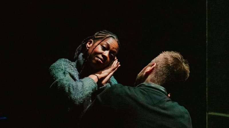 In dark, shadowy lighting, a man and woman face each other, but we can only see the woman's face. They both are resting their heads to the side on top of their hands pressed flat against each other.