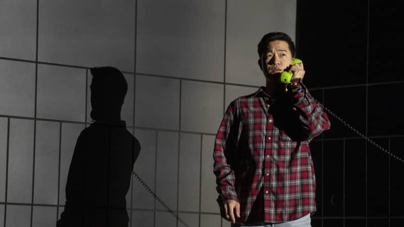 A man holds a green phone to his ear. He has dark short hair, wears a red plaid shirt and jeans, and looks concerned. The light shines on him from the right, making a dark shadow appear on the wall.