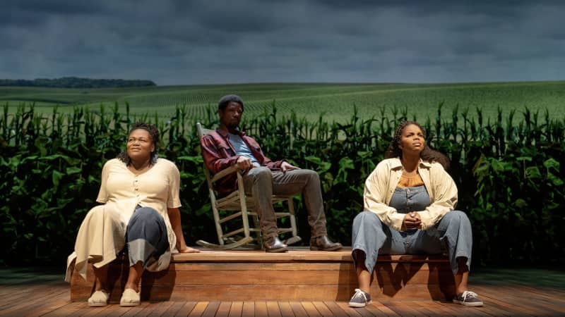 Two Black women in rural clothing sit on the edge of a wooden platform, looking off into the distance. Behind them is a Black man in a rocking chair and a vast tobacco field under a cloudy blue sky.