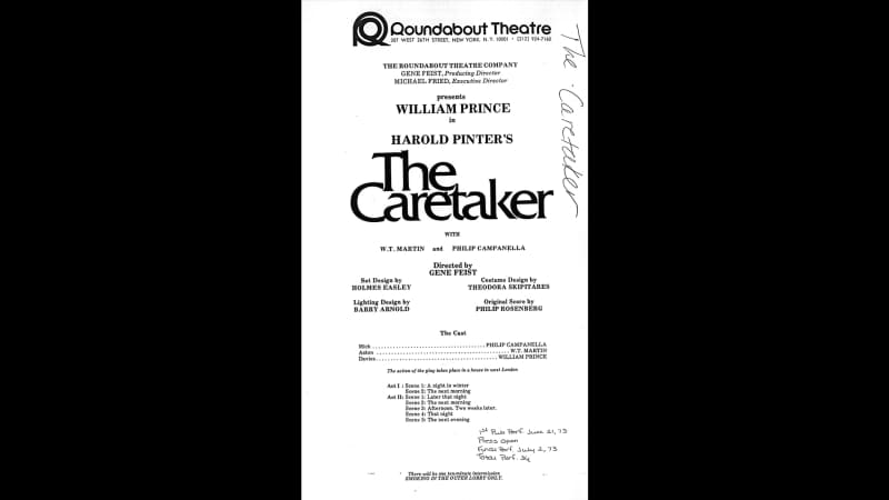 A white page with black text. Two interlocking circles with lines extending from them form a stylized “R” logo in the top left of the page. The words “The Caretaker” are prominent in the center.