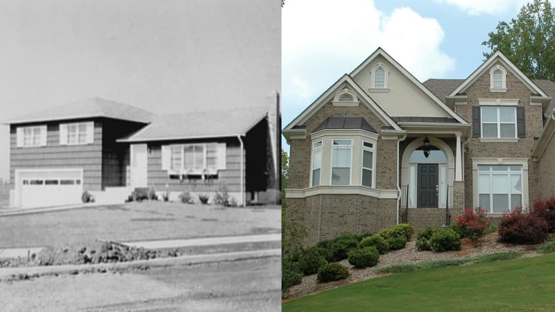 Left: a black and white photo of a small suburban home from 1954. Right: a large modern suburban home with tan siding and a steep green grass hill in the front. 