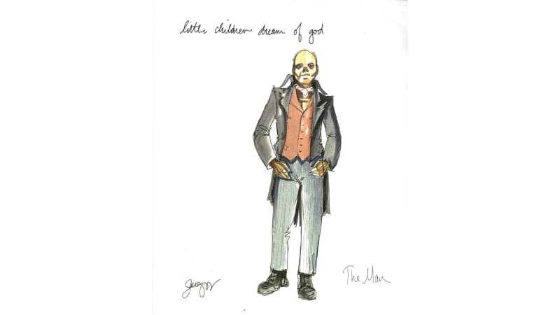 A hand-drawn rendering of a dark-skinned man with sunken eyes, wearing gray striped pants, a black morning coat, an orange vest, and a necklace of skulls.  