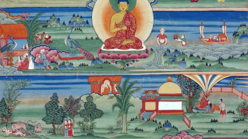 Five colorful images of a landscape are stacked vertically, each depicting a moment from a Buddhist parable. The Buddha is in the center of the image, seated, in a larger scale.