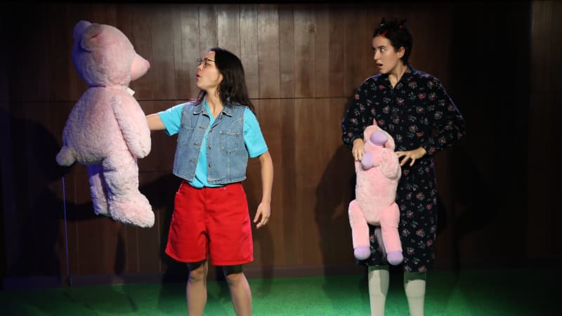 The cast of Usual Girls standing on stage holding pink stuffed teddy bears. 