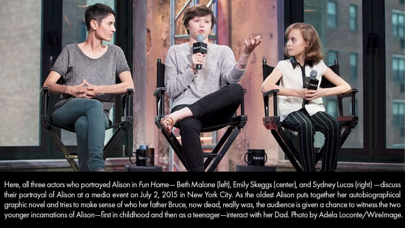 A light-skinned woman with short hair, a light-skinned teenage girl with short hair, and a light-skinned pre-teen girl sit in director’s chairs and hold microphones