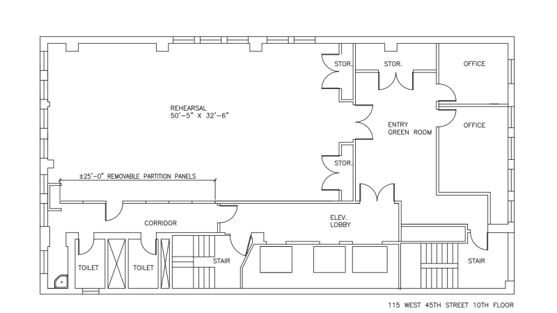 Floor plan of the 10th floor studio, featuring a 50 by 32 foot rehearsal space.