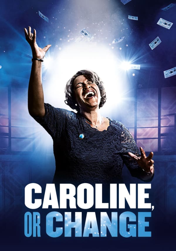 Artwork for Caroline, Or Change. An image of Sharon D Clarke passionately singing in front of a glowing, sparkling blue background.