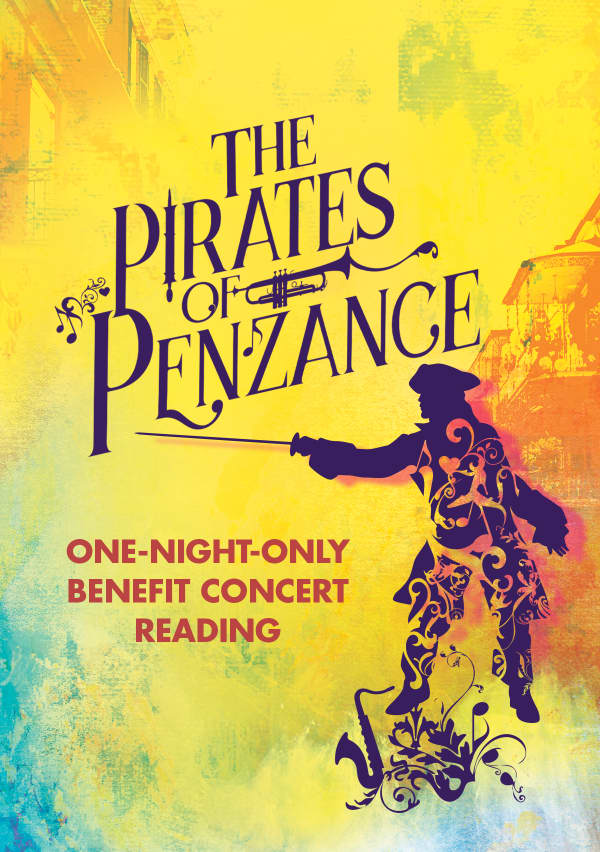 The Pirates of Penzance written in a purple font on top of a primarily yellow, painted background. In the bottom right corner there is a silhouette of a pirate holding a sword out. 