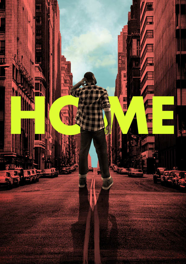a city street with a peach hue and a teal blue sky at the end. A man in a flannel shirt stand with his back toward the viewer and his left and sratching the back of his head. Home is written across th