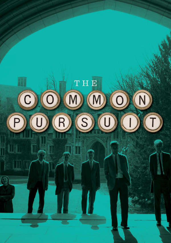 Men walking into a church with a teal tint over it and the letters to Common pursuit written across the poster in individual tan circles. 