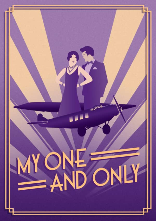 Artwork for MY ONE AND ONLY. A 1920s art deco illustration of a man and woman on top of a plane soaring through beams of light.