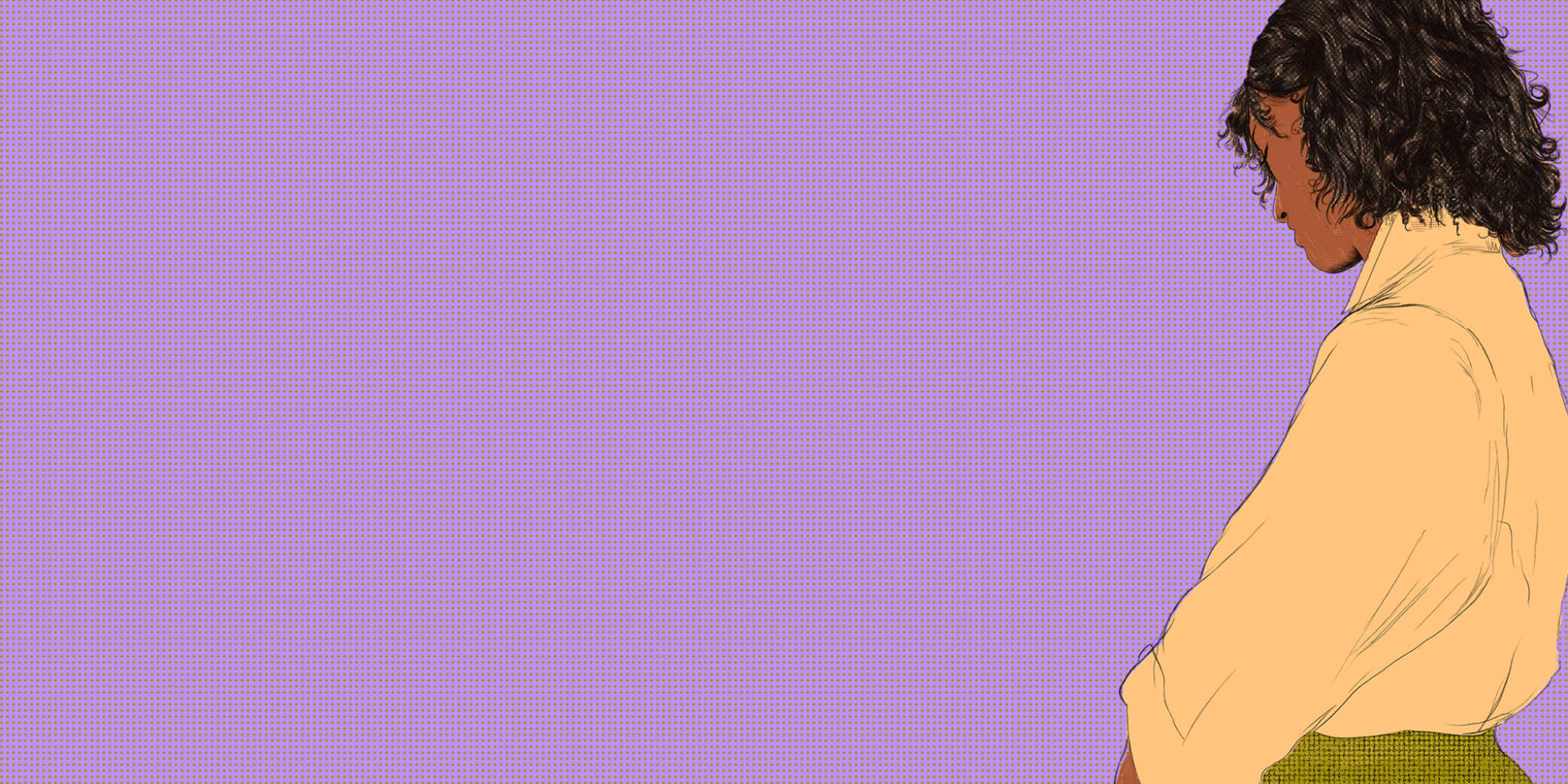 A purple background with opaque dots all over it. To the right there is an illustration of a girl in a yellow shirt and her back facing towards us. 