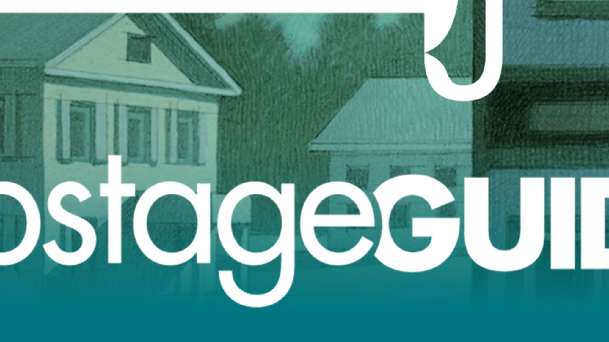 Illustrated northeastern style houses with a teal tone with the text Upstage Guide in white over them