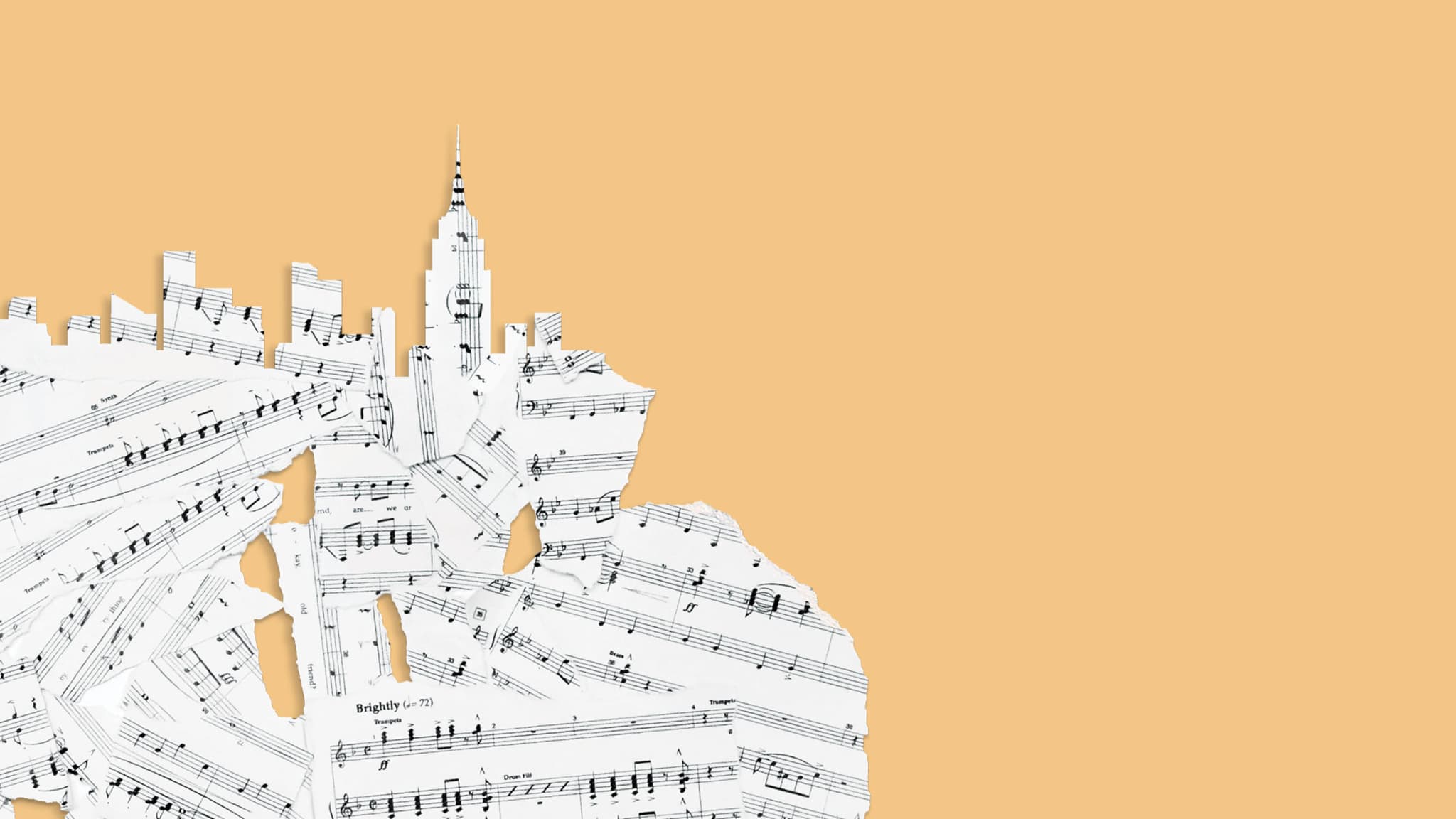 Artwork for MERRILY WE ROLL ALONG. Scraps of sheet music form a New York skyline.