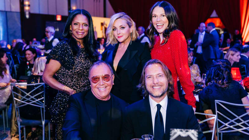 Fashion designer Michael Kors, left, and his husband Lance LePere, right,  attend the Roundabout Theatre Company 2022 Gala at the Ziegfeld Ballroom on  Monday, March 7, 2022, in New York. (Photo by