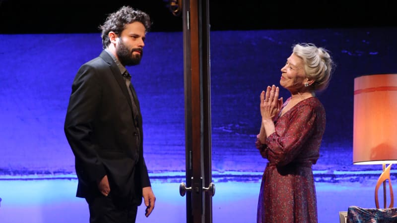 A man with curly hair and a beard in a suit stands on one side of a wooden door. On the other side is an old woman in a dress and heels who clasps her hands with a smile.