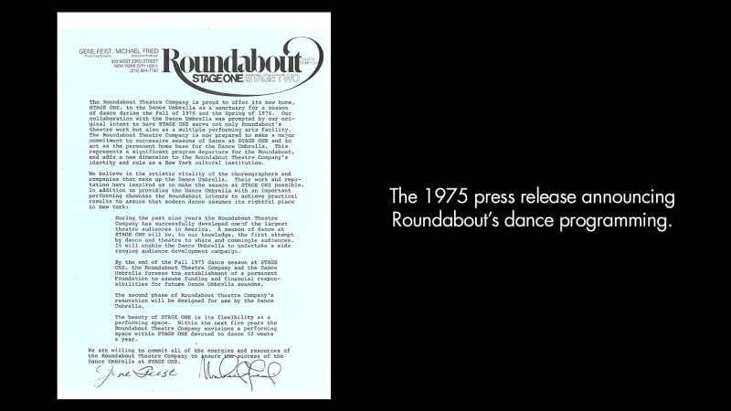The 1975 press release announcing Roundabouts dance programming PNG. A blue sheet of paper with black typewritten text. Roundabout’s 1975 logo, which features a large, looping R, in the corner.