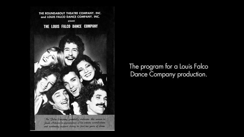 The program for a Louis Falco Dance Company production. Seven light-skinned adults lean their heads together below white text.
