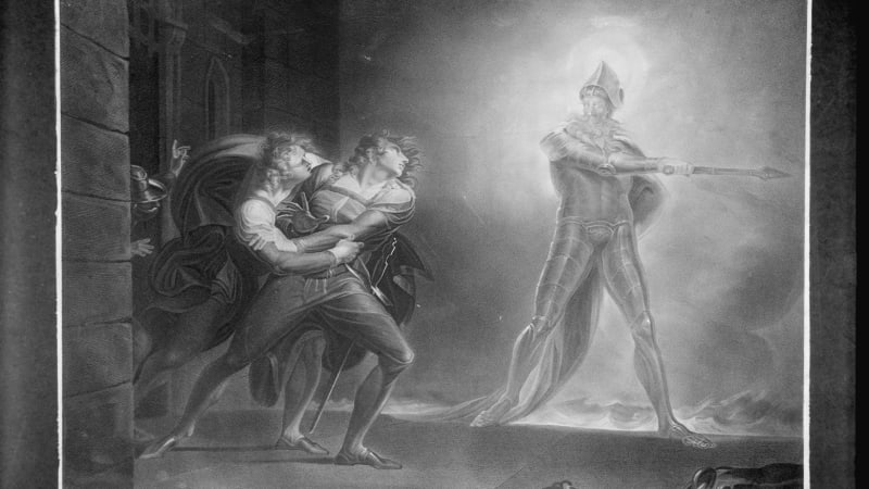 A light-skinned man with curly hair wearing Elizabethan clothing holds back a similarly attired light-skinned man as he leans toward a shining, ghostly figure in full armor, holding a sword. 