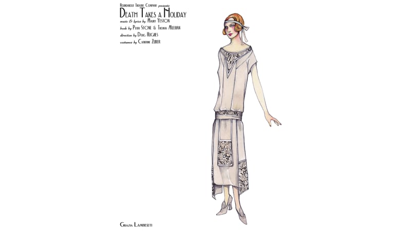 A drawing of a light-skinned woman with bobbed blonde hair, wearing a drop-waist, shin-length gray dress with a scoop neck. She wears a headband horizontally across her forehead and heavy rouge.