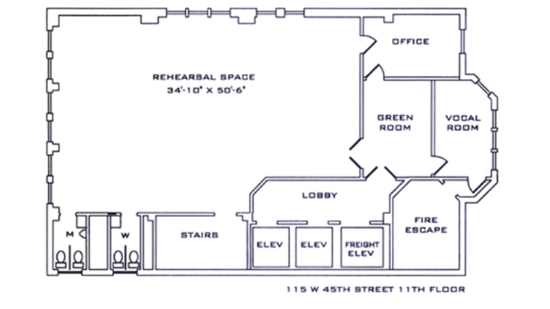 Contains a rehearsal space, two bathrooms, a lobby, green room, vocal room, office, two elevators and one freight elevator, stairs, and a fire escape.