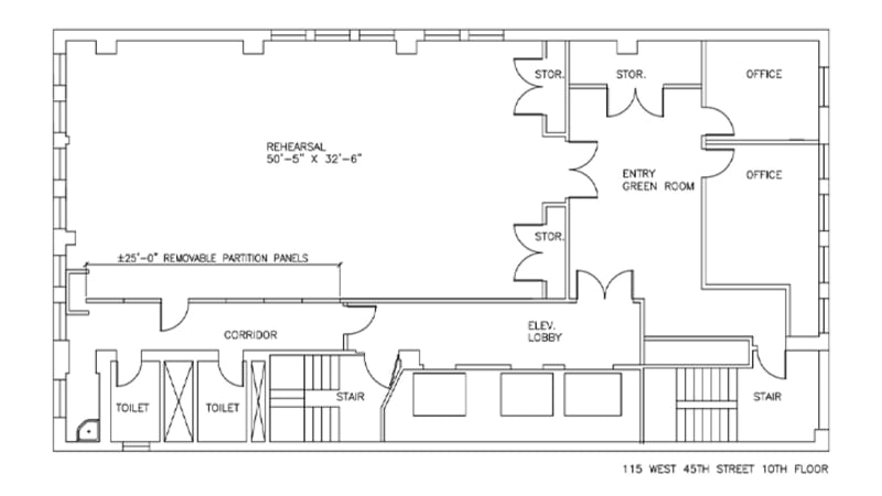 Contains a rehearsal space, two bathrooms, a lobby, green room, vocal room, office, two elevators and one freight elevator, storage space, stairs, and a fire escape.