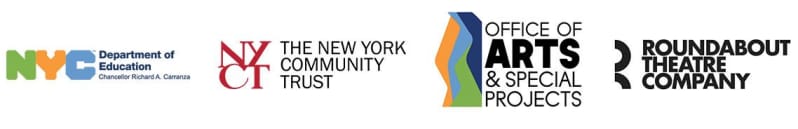 Logos for NYC Department of Education, NY Community Trust, Office of Arts and Special Projects, and Roundabout Theatre Company.