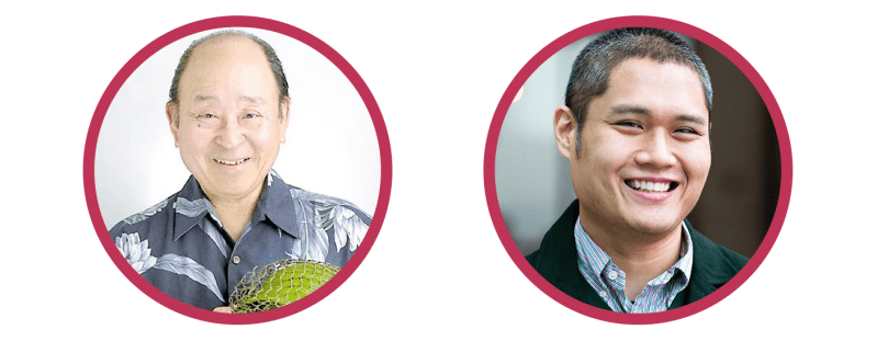 EDWARD SAKAMOTO (left) is an older AAPI man in a blue floral shirt in front of a white background. A. REY PAMATMAT (right) is a younger AAPI man in a blue button down shirt and blazer. 