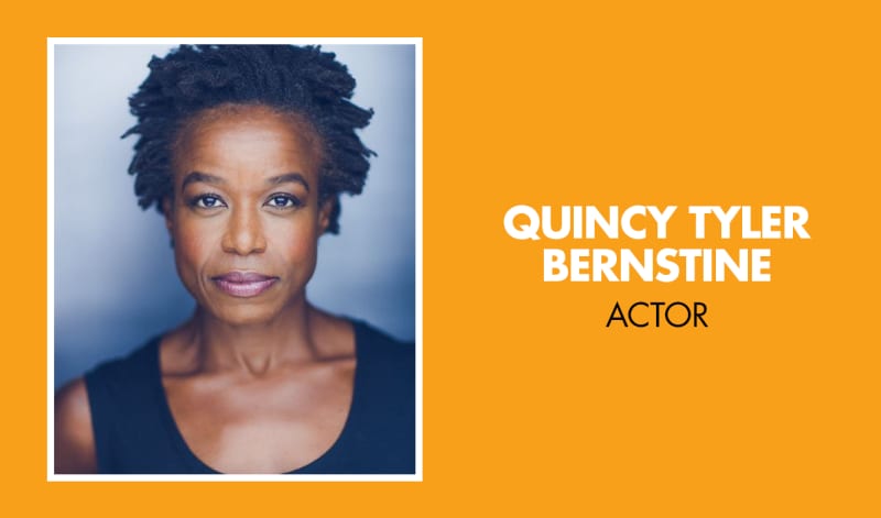 An orange background with a Quincy Tyler Bernstine's headshot to the left and her name in bold white text to the right. 