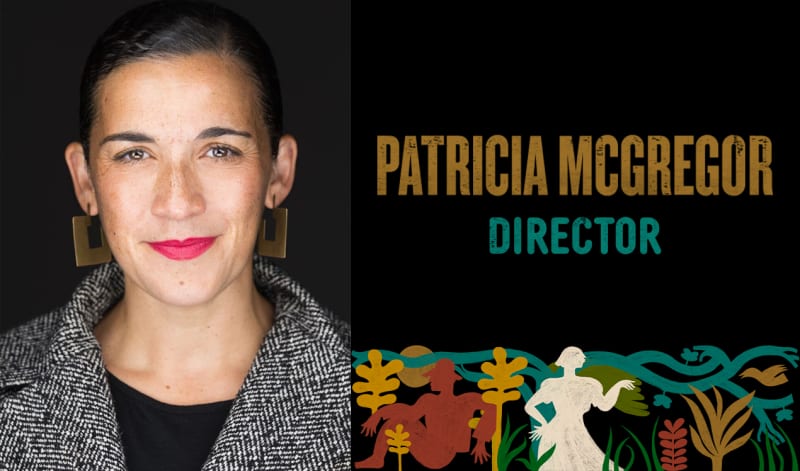 Patricia McGregor, the director, has light skin, brown eyes, freckles, and dark, slicked-back hair. She wears a bright pink lipstick and large gold, square earrings.