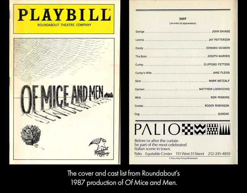 The cover and cast list of Roundabout's 1987 production of OF MICE AND MEN. The title is sketched in a three-dimensional font in a barren landscape.