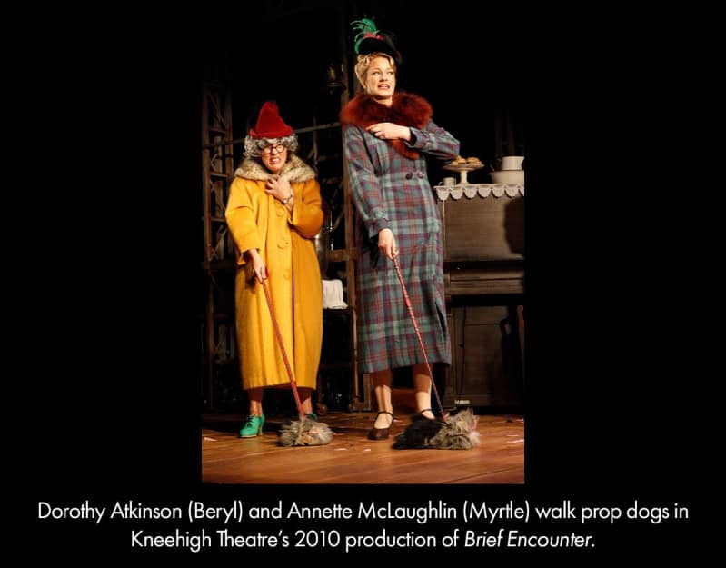 Dorothy Atkinson and Annette McLaughlin walk prop dogs in Kneehigh Theatre's 2010 production of BRIEF ENCOUNTER. 