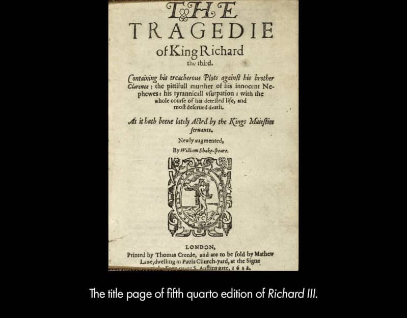 The title page of fifth quarto edition of RICHARD III. A yellowed page with old-fashioned printed text