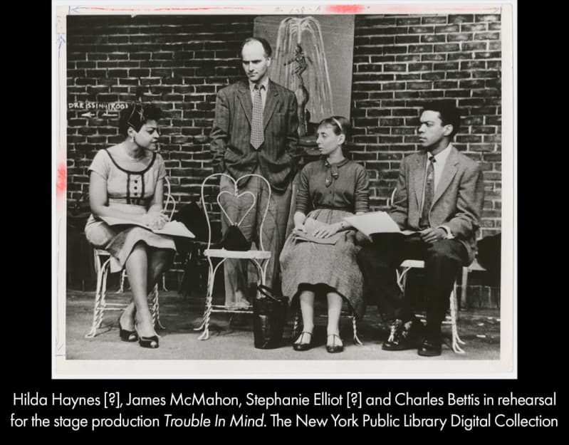 A black and white photo of actors in rehearsal for the stage production TROUBLE IN MIND.